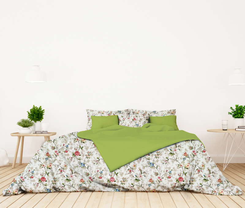 #Ervi bavlněné povlečení oboustranné - pnoucí květy na bílém/zelené 200x220cm