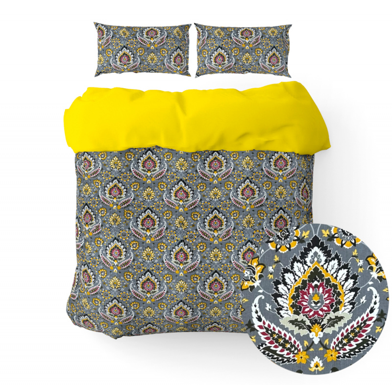#Ervi bavlněné povlečení  oboustranné - Etno na šedém/žluté 200x220cm