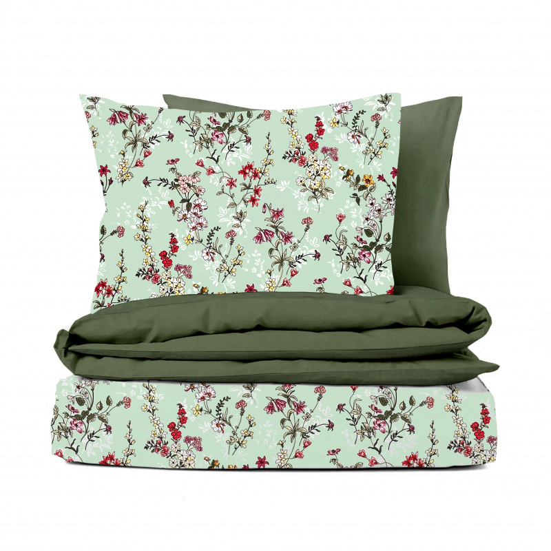 Ervi Bavlněné povlečení oboustranné - malované luční květiny na zelénem/olivové