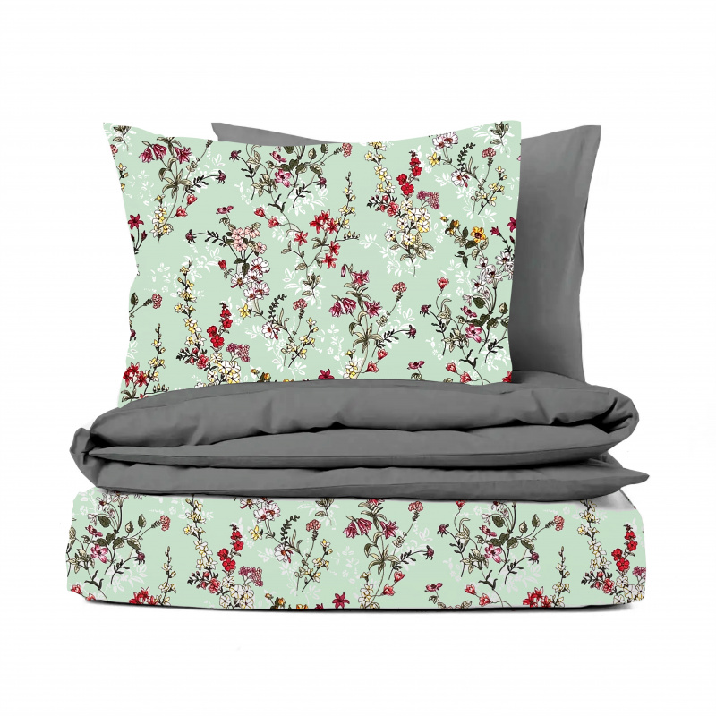 Ervi Bavlněné povlečení oboustranné - malované luční květiny na zelénem/šedé
