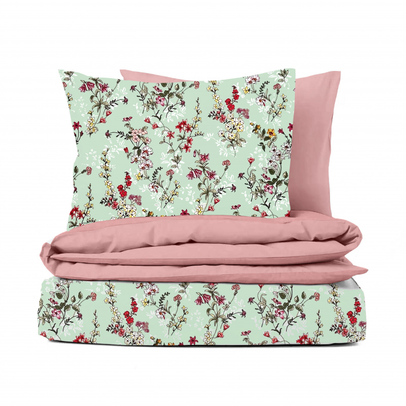 Ervi Bavlněné povlečení oboustranné - malované luční květiny na zelénem/pudrové
