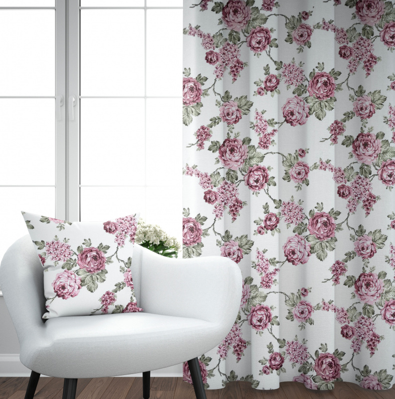 #Ervi bavlněný závěs - růžové květy na bílém 140x180cm