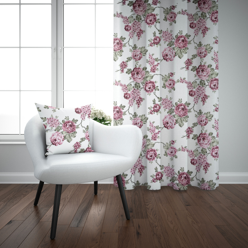 #Ervi bavlněný závěs - růžové květy na bílém 140x180cm