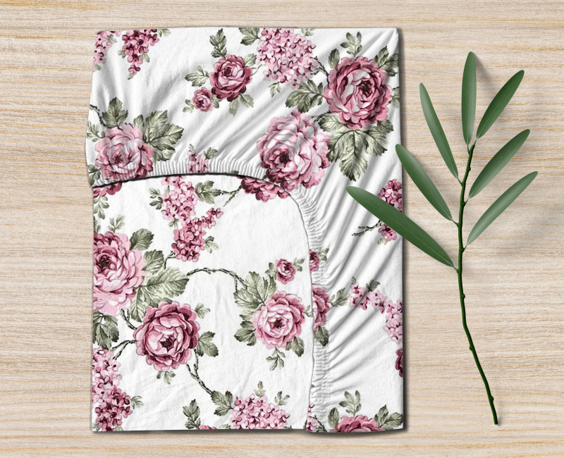 #Ervi bavlněné napínací prostěradlo - růžové květy na bílém 180x200 cm