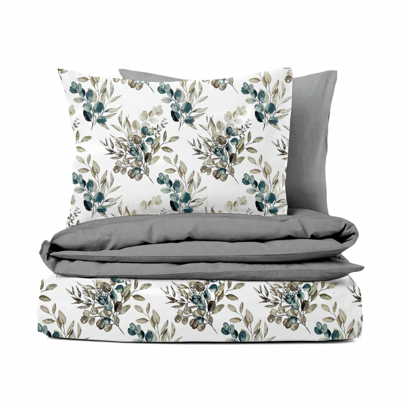 Ervi Bavlněné povlečení oboustranné - eukalyptové větvičky/šedé