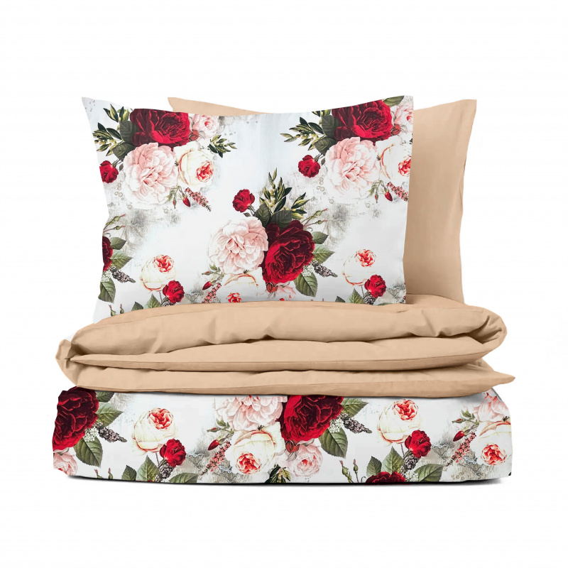 Ervi Bavlněné Saténové povlečení DELUXE DUO - Zahrada snů/béžové