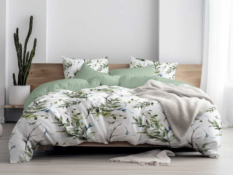 Ervi Bavlněné Saténové povlečení DELUXE DUO - Přírodní dotek/light mint