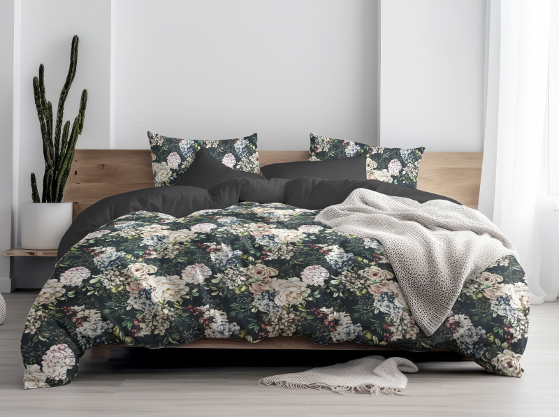 Ervi Bavlněné Saténové povlečení DELUXE DUO - Květinový sen/černé