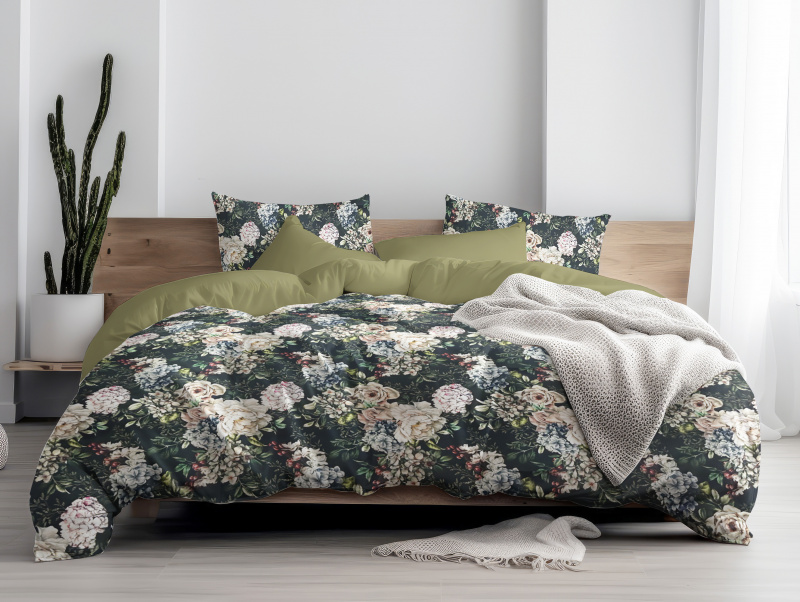 Ervi Bavlněné Saténové povlečení DELUXE DUO - Květinový sen/olivové