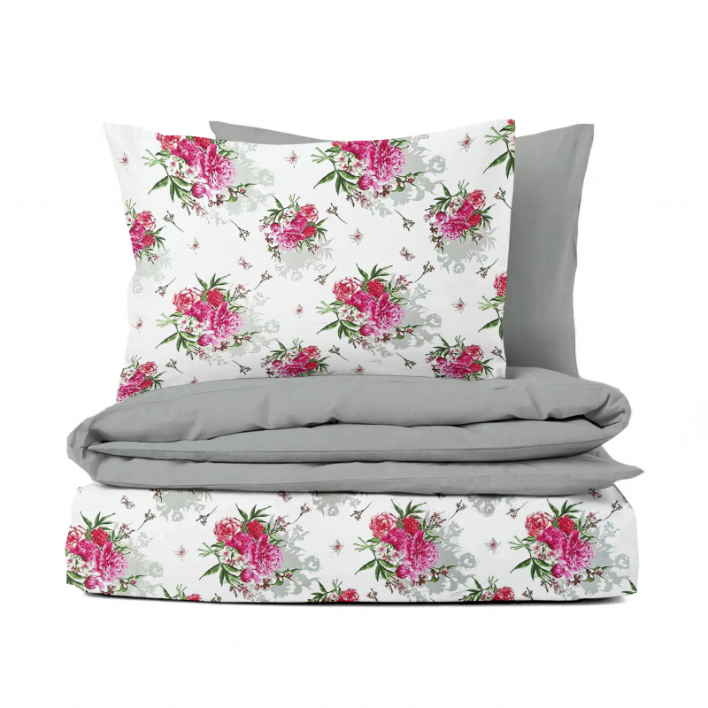 Ervi bavlněné povlečení oboustranné - Pivoňkový rozkvět/světle šedé