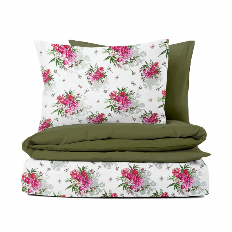 Ervi bavlněné povlečení oboustranné - Pivoňkový rozkvět/olivové