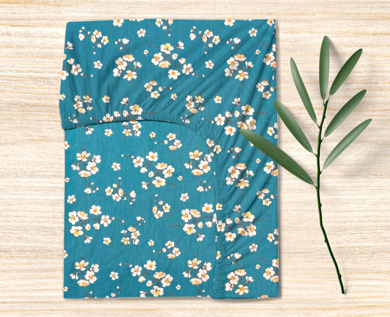 #Ervi bavlněné napínací prostěradlo - Třešňový květ na tyrkysovým 140x200 cm