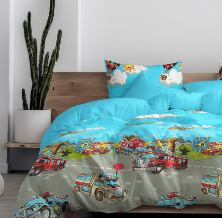 Ervi Bavlněné povlečení oboustranné - Pohádkový svět města/světle modré