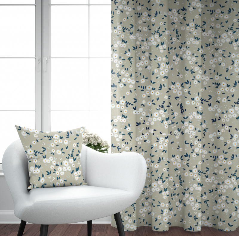 Ervi Bavlněný závěs - kytice sedmikrásek na béžovém