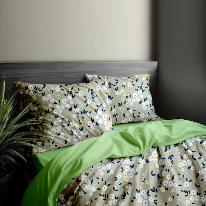 Ervi Bavlněné povlečení oboustranné - kytice sedmikrásek na béžovém/světle zelené