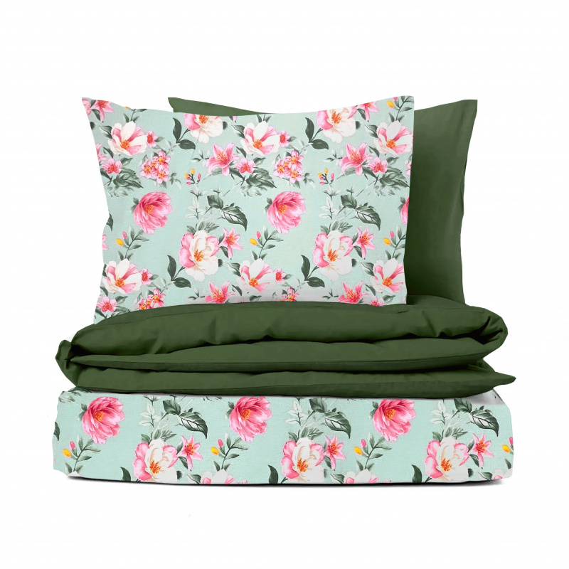 Ervi Bavlněné povlečení oboustranné - Magnolia a lilia/olivové