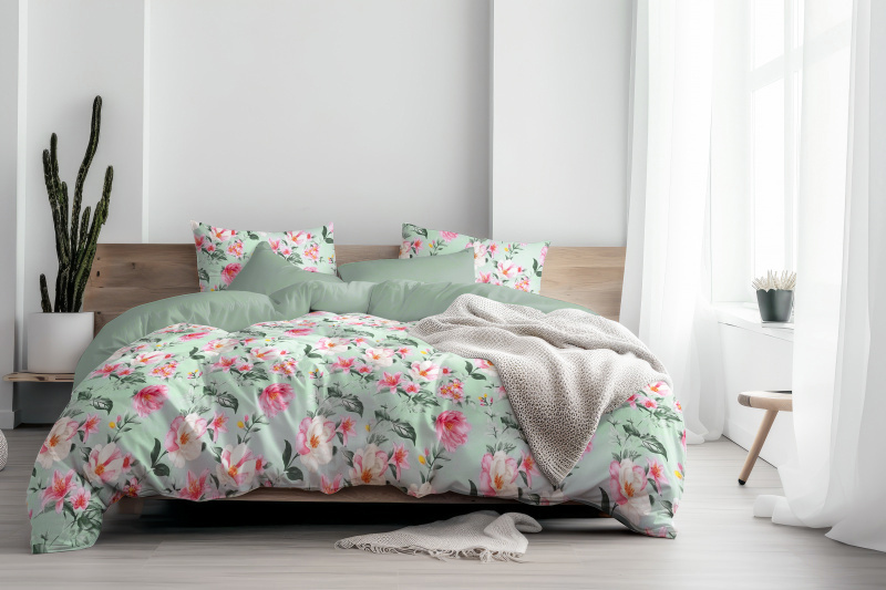 Ervi Bavlněné povlečení DUO - Magnolia a lilia/šedo-zelené
