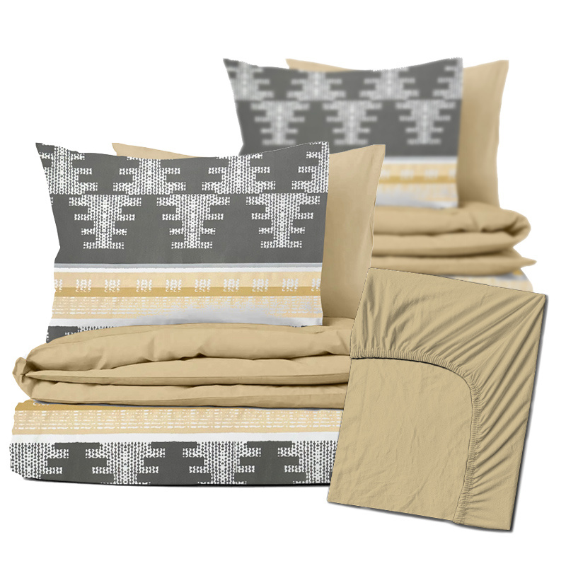 Ervi Zvýhodněná Sada Bavlněného DUO povlečení s Prostěradlem - Nordic šedý/béžové