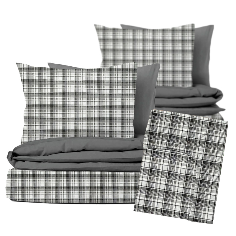Ervi Sada Flanelového DUO povlečení s Prostěradlem  - bílo-černé karo/tmavě šedé