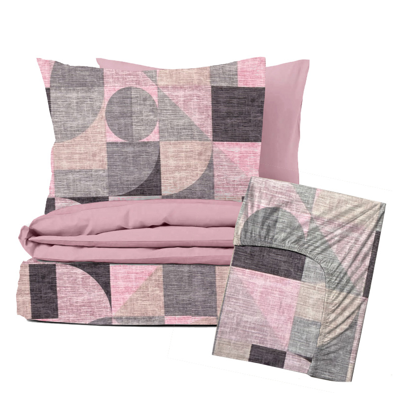 Ervi Sada Flanelového DUO povlečení s Prostěradlem  - Abstrakce růžovo-šedá/růžové
