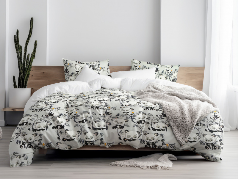 Ervi FLANELOVÉ bavlněné povlečení - pandy na šedém/bílé