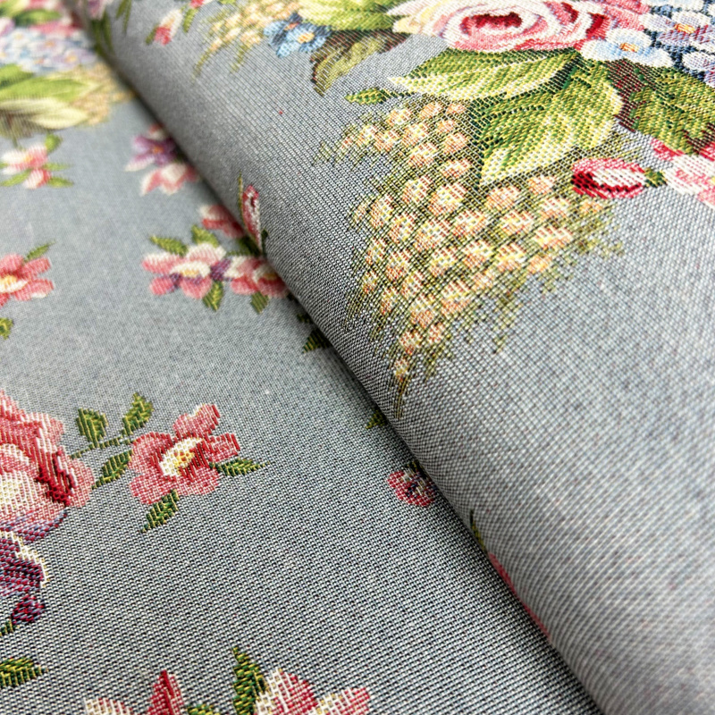 280cm Dekorační/potahová Gobelínová látka šířka - Jemné růže na šedo-modrém