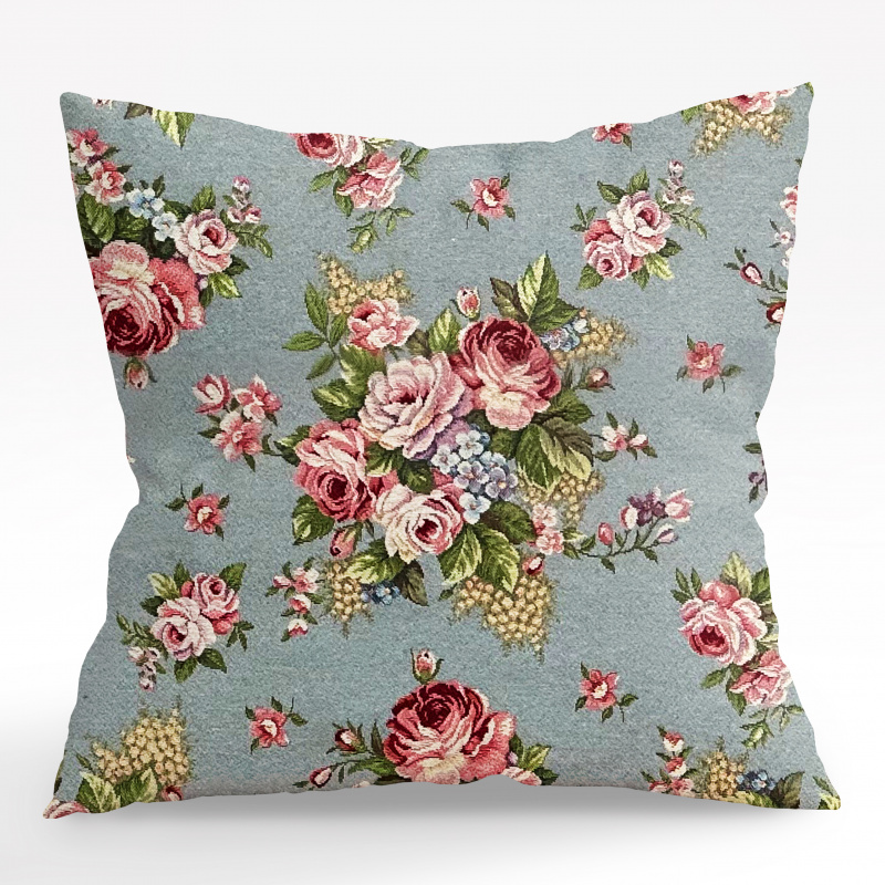 Ervi povlak na polštář Gobelínový - Jemné růže na šedo-modrém