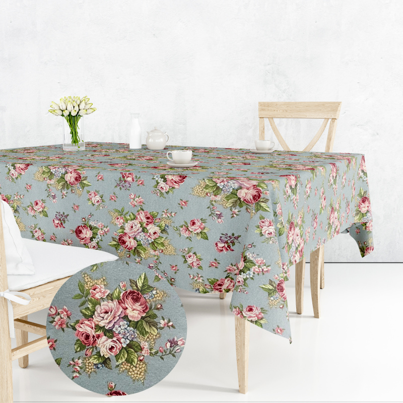 Ervi Gobelínový ubrus na stůl čtvercový - Jemné růže na šedo-modrém