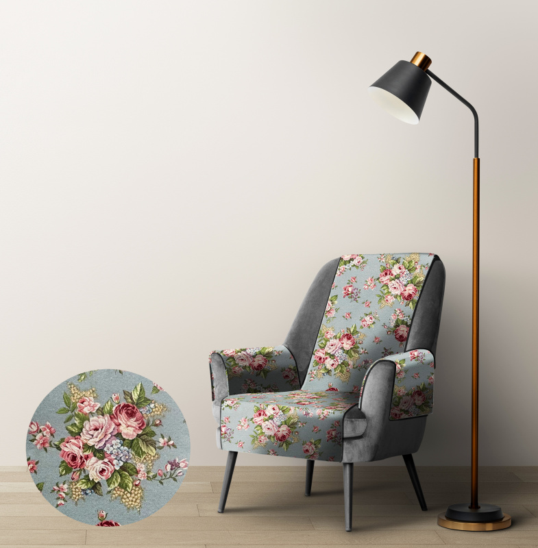 Ervi Gobelínový přehoz na křeslo - Jemné růže na šedo-modrém