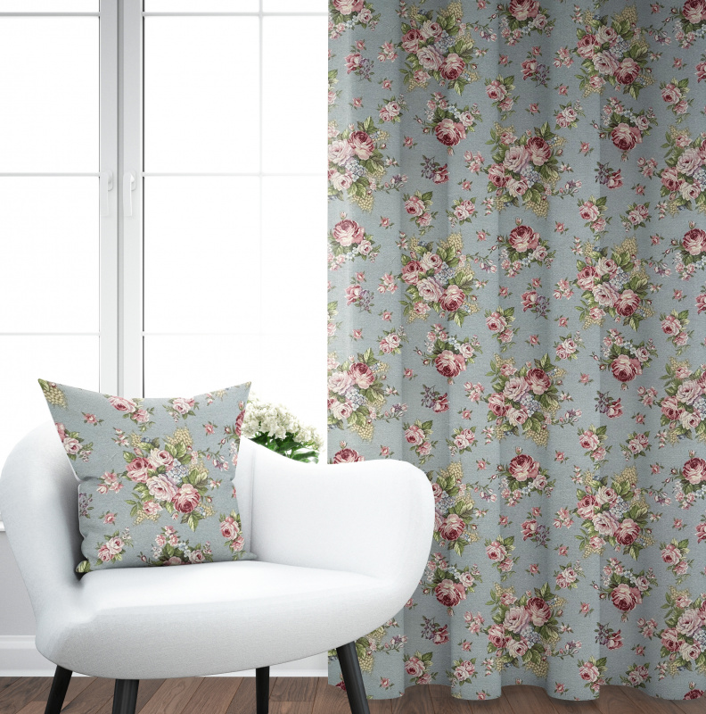 Ervi Gobelínový zatemňovací termo závěs - Jemné růže na šedo-modrém