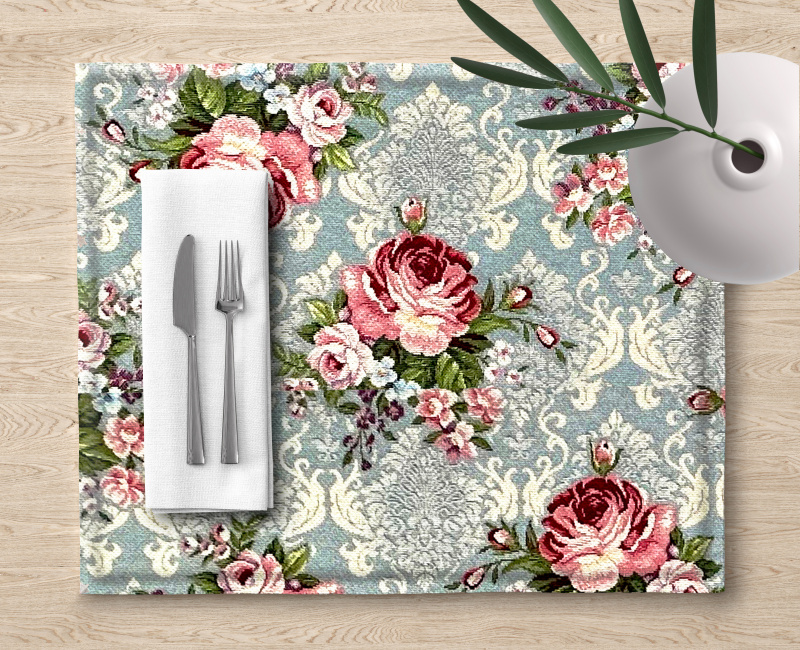 Ervi Gobelínové prostírání na stůl - Květinová symfonie na šedo-modrém