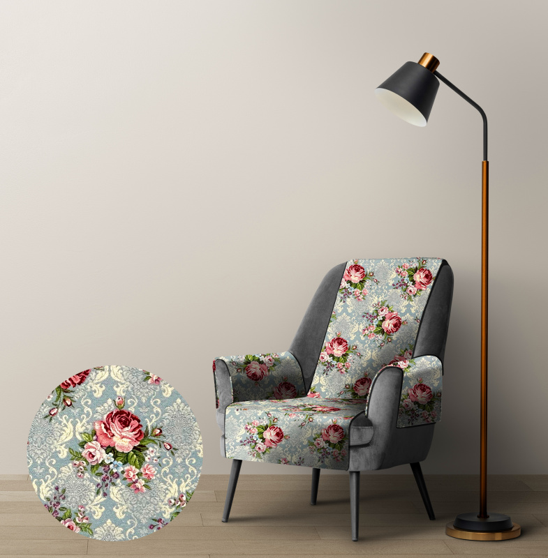 Ervi Gobelínový přehoz na křeslo - Květinová symfonie na šedo-modrém