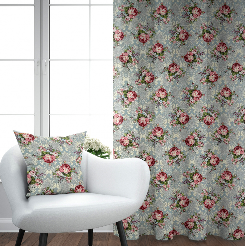 Ervi Gobelínový zatemňovací termo závěs - Květinová symfonie na šedo-modrém