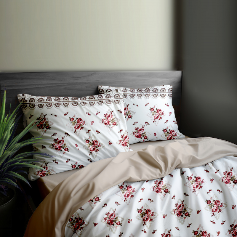 Ervi Bavlněné povlečení oboustranné - Růže a krajka/béžové