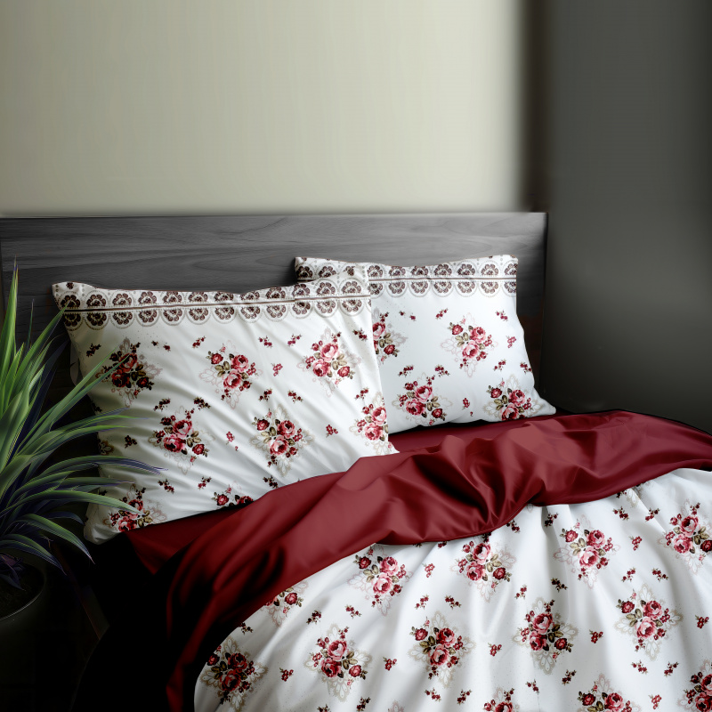 Ervi Bavlněné povlečení oboustranné - Růže a krajka/bordo