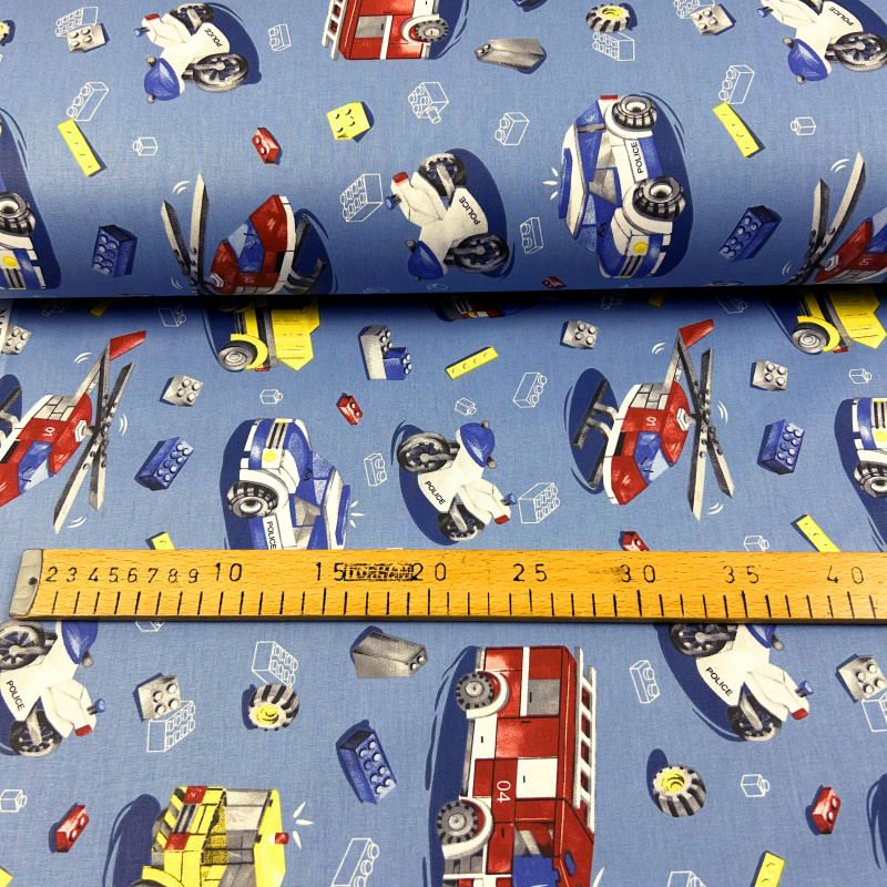 Ervi Bavlněná látka/plátno š.240cm - autíčká a vrtulníky na modrém - 25580-1, metráž