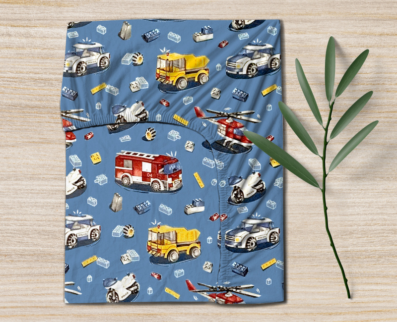 Ervi Bavlněné napínací prostěradlo - autíčká a vrtulníky na modrém
