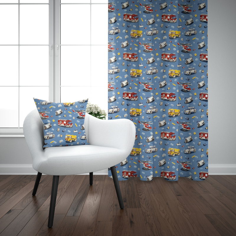 Ervi Bavlněný závěs - autíčká a vrtulníky na modrém