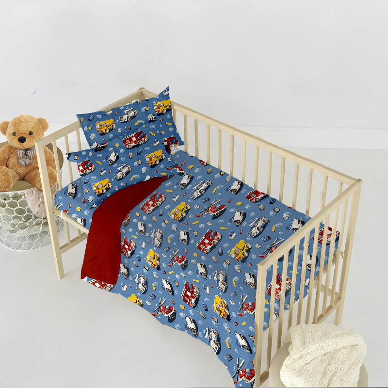 Ervi Bavlněné povlečení do postýlky DUO - autíčká a vrtulníky na modrém/červené