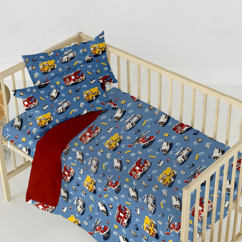 Ervi Bavlněné povlečení do postýlky DUO - autíčká a vrtulníky na modrém/červené