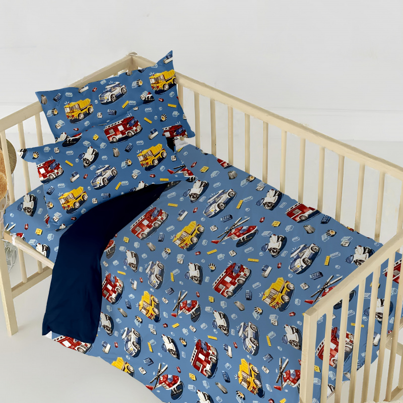 Ervi Bavlněné povlečení do postýlky DUO - autíčká a vrtulníky na modrém/tmavě modré