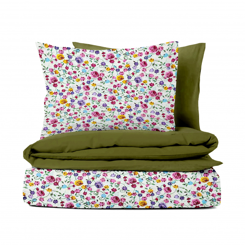 Ervi bavlněné KREPOVÉ povlečení DUO - Květinový ráj/olivové