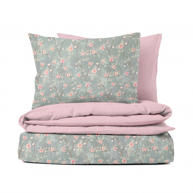 #Ervi Bavlněné povlečení oboustranné - romantické růže na šedém/pudrové 140x200 cm