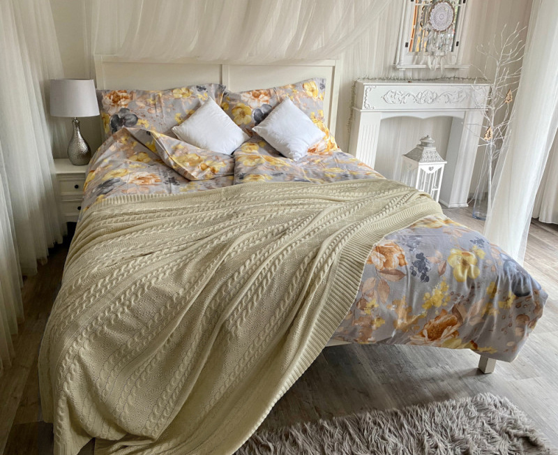 Pletená multifunkční deka-přehoz na postel - žluto béžová , 220x240 cm