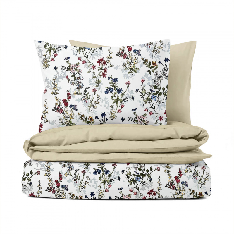 Ervi Bavlněné povlečení oboustranné - malované luční květiny na bílém 2/béžové