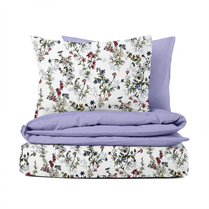 Ervi Bavlněné povlečení oboustranné - malované luční květiny na bílém 2/fialové