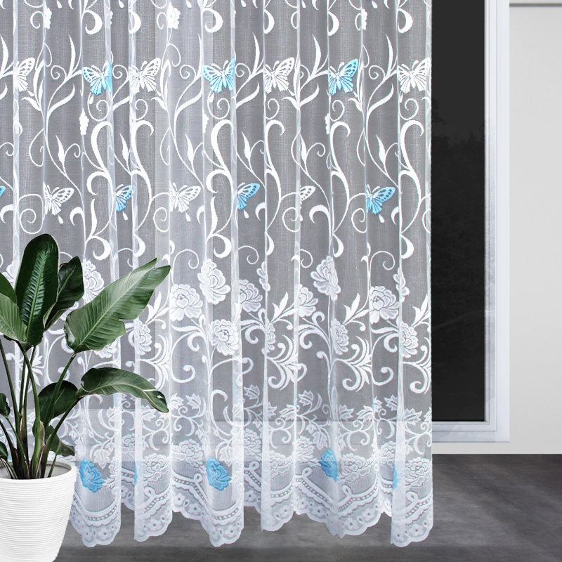 Ervi ﻿žakárová záclona bílá 7514 modré motýlky, metráž