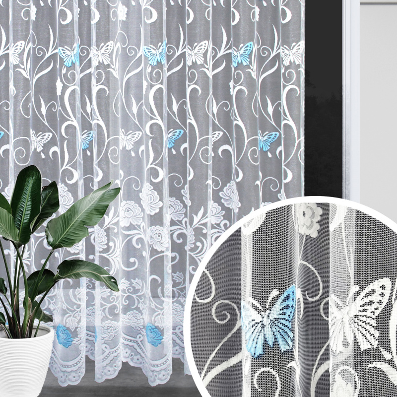 Ervi ﻿žakárová záclona bílá 7514 modré motýlky, metráž