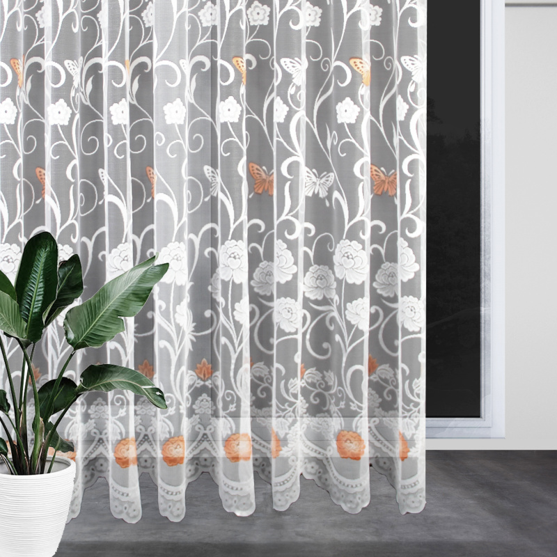 Ervi ﻿žakárová záclona bílá 7514 oranžové motýlky, metráž