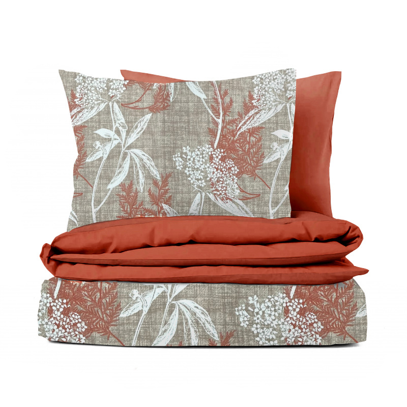 #Ervi Bavlněné povlečení oboustranné - oranžové a bílé listy na hnědém/cíhlové